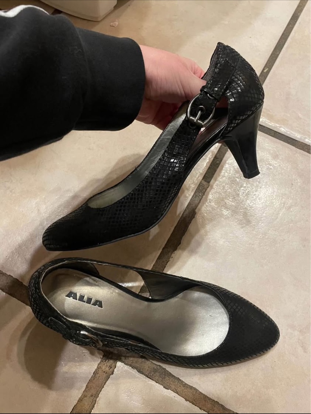 Alia Black Textured Mary Jane Pump with Buckle Strap